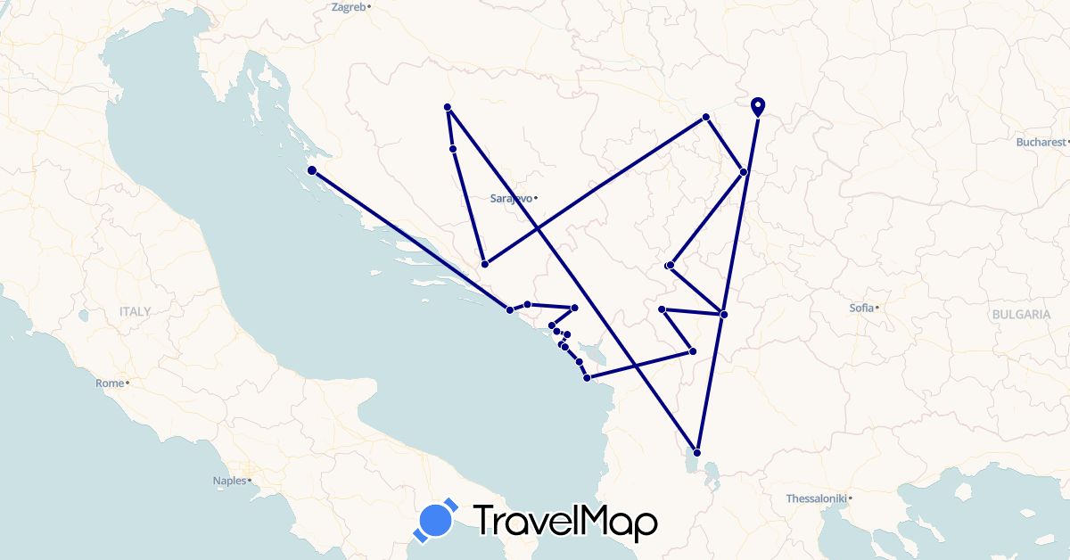 TravelMap itinerary: driving in Bosnia and Herzegovina, Croatia, Montenegro, Macedonia, Serbia, Kosovo (Europe)